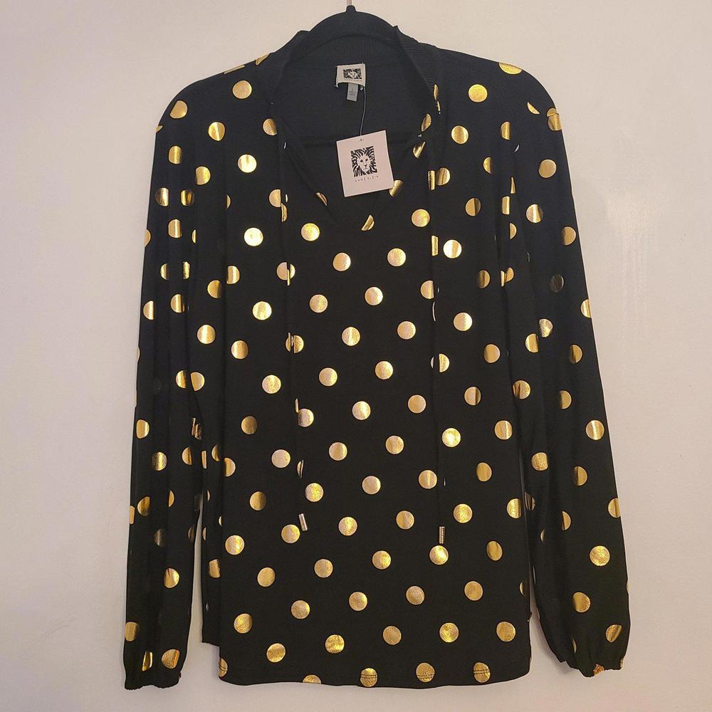NWT Women's Anne Klein Black Gold Metallic Polka Dot Long Sleeve Shirt Large L